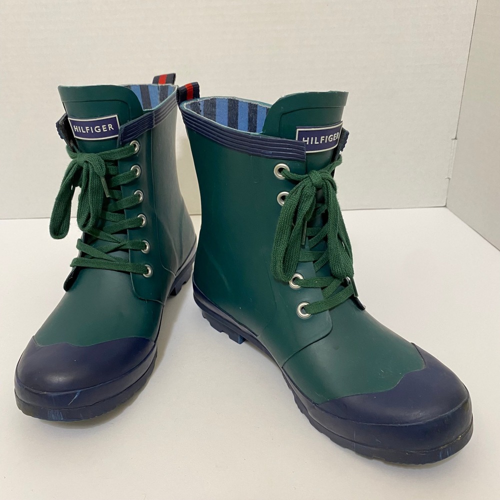 Tommy Hilfiger Gorpcore Rain Boots Women Size 7 Green Navy Lace Up Waterproof - Picture 2 of 7